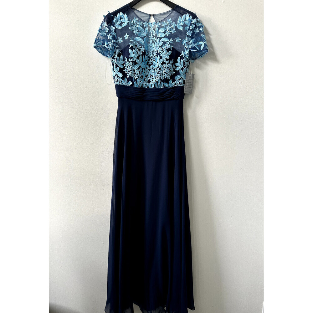JS Collections Women's Embroidered Bodice Gown Dress In Navy Floral Size 4 $430 - Picture 2 of 14